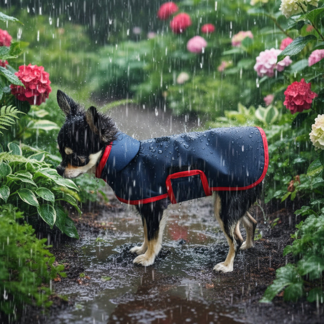 Small dog wearing a navy blue coat with red trim on a white background