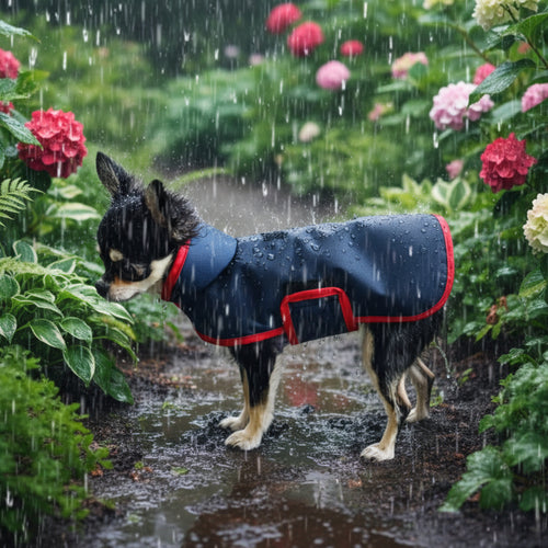 Small dog wearing a navy blue coat with red trim on a white background