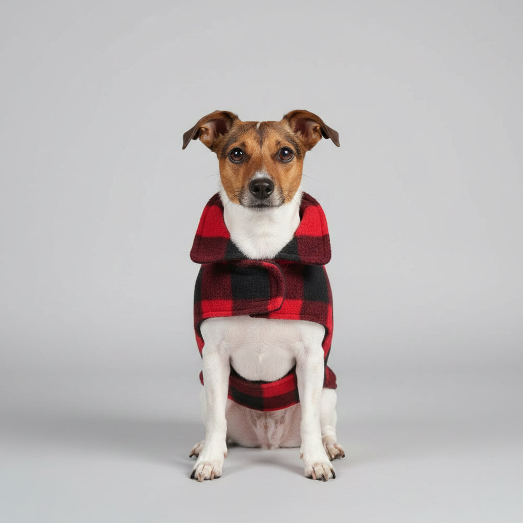 Dog wearing a red and black checkered coat sitting on a pet bed in a car.