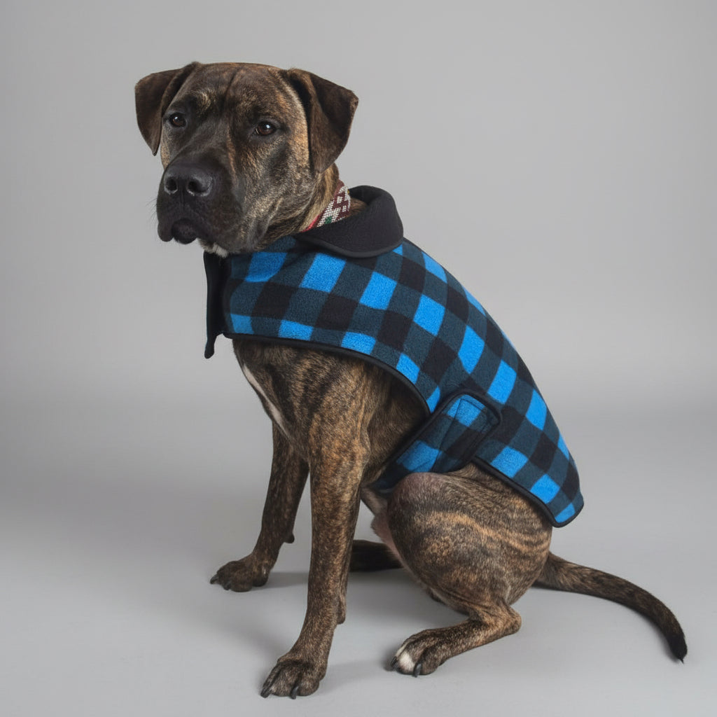Dog wearing a blue and black checkered coat sitting on a couch with a colorful climbing wall in the background.